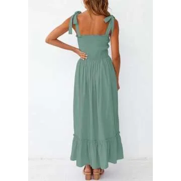 ZESICA Women's Summer Boho Spaghetti Strap Square Neck Solid Color Ruffle A Line Beach Long Maxi Dress,Green,Medium