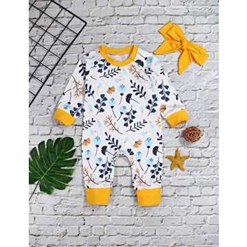itkidboy Newborn Baby Girls Romper Jumpsuit Flower Long Sleeves Bodysuit + Floral Headband 2Pcs Outfit Set (Yellow + White, 3-6 Months)