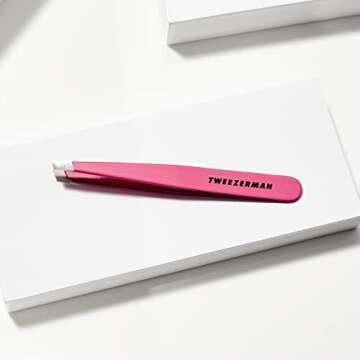 Tweezerman Stainless Steel Slant Tweezer - Eyebrow Tweezers for Women and Men (Neon Pink)