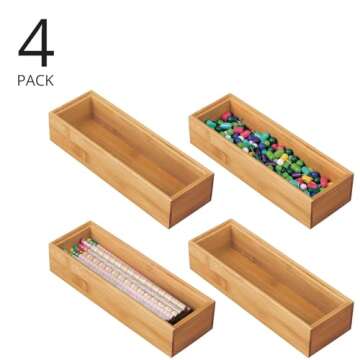 mDesign Wooden Bamboo Office Drawer Organizer Box Tray, Stackable Storage for Drawers, Cabinets, Shelves, Cubby, or Desktop, Hold Pens, Pencils, Supplies, Echo Collection, 4 Pack, Natural Wood Finish