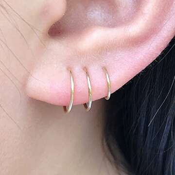 Small Gold Huggie Hoop Earring Set for Cartilage Helix Tragus Nose Ring Hoop, Tiny 14K Yellow Gold F...