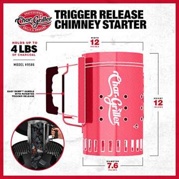 Char-Griller® Charcoal Grill Chimney Starter with Quick Release Trigger for Quickly Lighting BBQ Coals, Compatible with Any BBQ Charcoal Grill, 12-Inch