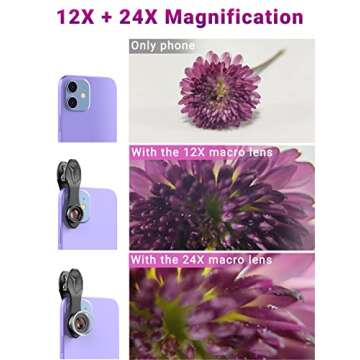 APEXEL 12X / 24X Macro Lens, Macro Lens for iPhone with Universal Clip, HD Phone Macro Lens Attachment for Phone Camera, iPhone Photograph Accessories Fits for All Cellphone and Pads Mini Microscope