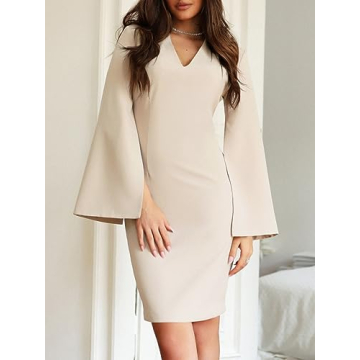 Fisoew Women's V Neck Bell Sleeve Business Dress Apricot
