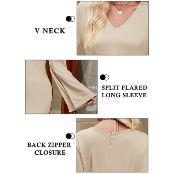 Fisoew Women's V Neck Bell Sleeve Business Dress Apricot