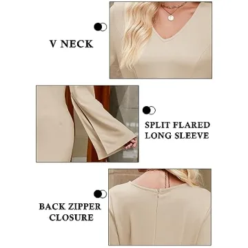 Fisoew Women's V Neck Bell Sleeve Business Dress Apricot
