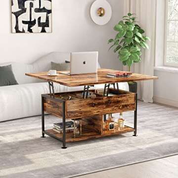 cosimates Lift Top Coffee Table ，4 in 1 Multi-Function Coffee Table with Hidden Compartment ，Modern Lift Tabletop Dining Table for Living Room Reception/Home Office, Rustic Brown