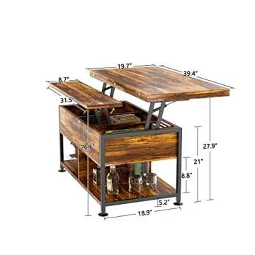 cosimates Lift Top Coffee Table ，4 in 1 Multi-Function Coffee Table with Hidden Compartment ，Modern Lift Tabletop Dining Table for Living Room Reception/Home Office, Rustic Brown