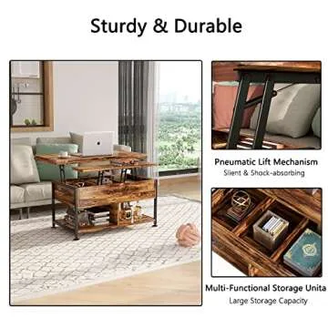 cosimates Lift Top Coffee Table ，4 in 1 Multi-Function Coffee Table with Hidden Compartment ，Modern Lift Tabletop Dining Table for Living Room Reception/Home Office, Rustic Brown