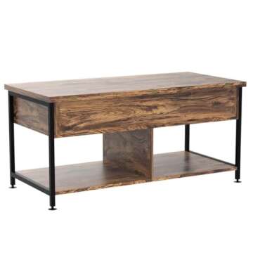 cosimates Lift Top Coffee Table ，4 in 1 Multi-Function Coffee Table with Hidden Compartment ，Modern Lift Tabletop Dining Table for Living Room Reception/Home Office, Rustic Brown