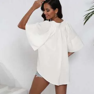 Womens 2024 Summer White Blouse Flutter Sleeve Top Pullover Button Down Shirt