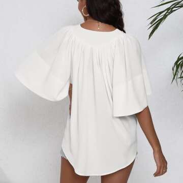 Womens 2024 Summer White Blouse Flutter Sleeve Top Pullover Button Down Shirt