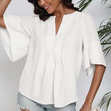 Womens 2024 Summer White Blouse Flutter Sleeve Top Pullover Button Down Shirt