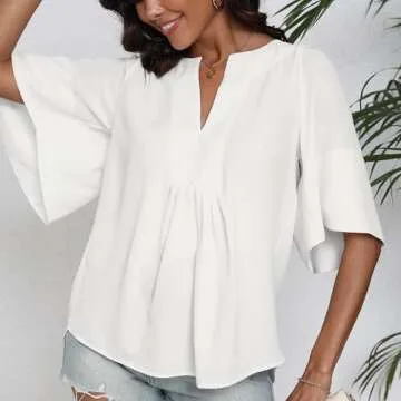 Womens 2024 Summer White Blouse Flutter Sleeve Top Pullover Button Down Shirt