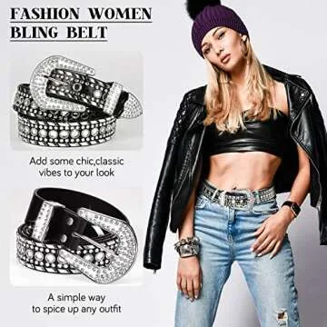 Geyoga 2 Pcs Rhinestone Belt for Women Bling Studded Western Cowboy Cowgirl Leather Belt for Jeans Pants(Fits Waist Size 31-37 Inch)