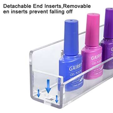 6 Pack Nail Polish Rack Wall Mounted Shelf with Removable Anti-Slip End Inserts, Clear Acrylic Nail Polish Organizer Wall Rack Display 96 Bottles