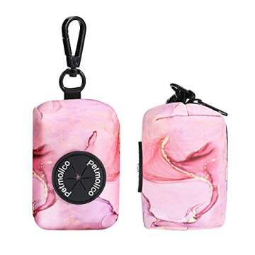 Petmolico Dog Poop Bag Holder Leash Attachment, Dog Waste Bag Dispenser Zippered Pouch, Fits Any Dog Leash, Includes Free Roll of Dog Bags, Poop Bag Dispenser - 2 Packs, Pink Marble