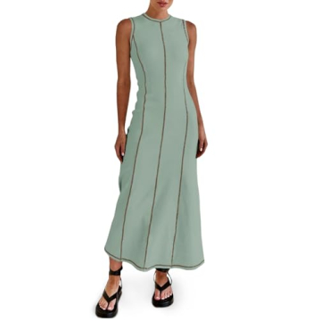 Wenrine Womens Sleeveless T Shirt Dress Summer Contrast Stitch Ribbed Knit Tank Maxi Dresses Green