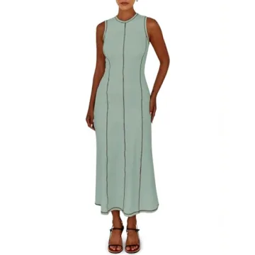 Wenrine Womens Sleeveless T Shirt Dress Summer Contrast Stitch Ribbed Knit Tank Maxi Dresses Green