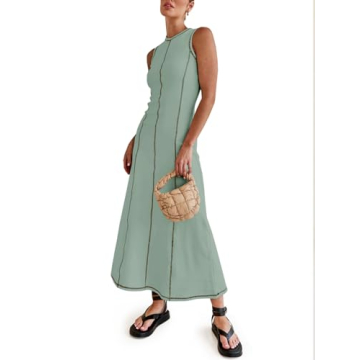 Wenrine Womens Sleeveless T Shirt Dress Summer Contrast Stitch Ribbed Knit Tank Maxi Dresses Green