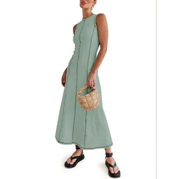 Wenrine Womens Sleeveless T Shirt Dress Summer Contrast Stitch Ribbed Knit Tank Maxi Dresses Green