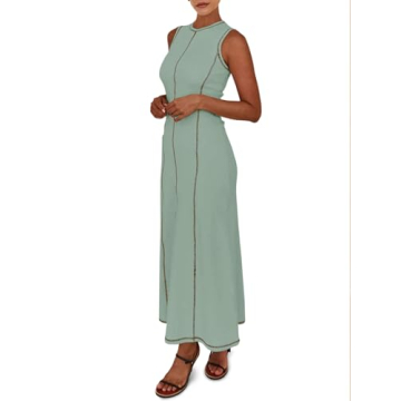 Wenrine Womens Sleeveless T Shirt Dress Summer Contrast Stitch Ribbed Knit Tank Maxi Dresses Green