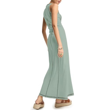 Wenrine Womens Sleeveless T Shirt Dress Summer Contrast Stitch Ribbed Knit Tank Maxi Dresses Green