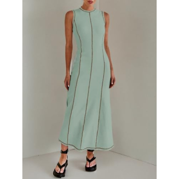 Wenrine Womens Sleeveless T Shirt Dress Summer Contrast Stitch Ribbed Knit Tank Maxi Dresses Green