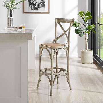 Modway Gear Rustic Farmhouse Elm Wood Rattan Bar Stool - Fully Assembled