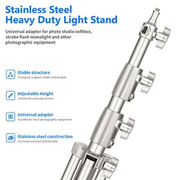 NEEWER 102"/2.6m Stainless Steel Light Stand, Spring Cushioned Heavy Duty Photography Tripod Stand with 1/4” to 3/8” Universal Screw Adapter for Strobe, LED Video Light, Ring Light, Monolight, Softbox