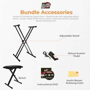 Roland FP-30X 88-Key Digital Piano - Black Bundle with Adjustable Stand, Bench, Sustain Pedal, Onlin...