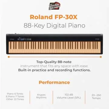 Roland FP-30X 88-Key Digital Piano - Black Bundle with Adjustable Stand, Bench, Sustain Pedal, Online Piano Lessons, Instructional DVD, and Austin Bazaar Polishing Cloth