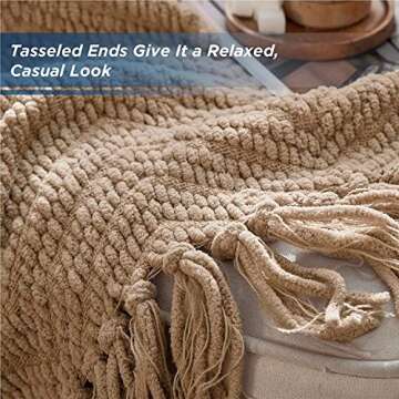 Bedsure Throw Blankets for Couch - Textured Knit Woven Chenille Blanket - Super Soft, Warm Decorative Boho Throw with Tassels for Bed, Sofa and Living Room, Khaki, 50x60 Inches