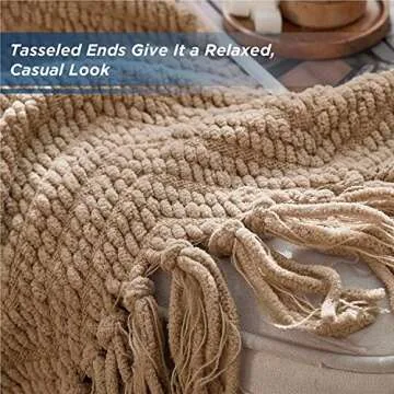 Bedsure Throw Blankets for Couch - Textured Knit Woven Chenille Blanket - Super Soft, Warm Decorative Boho Throw with Tassels for Bed, Sofa and Living Room, Khaki, 50x60 Inches