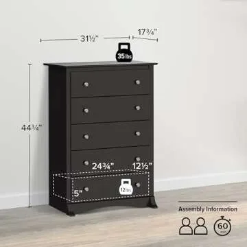 Prepac Sonoma Superior 5-Drawer Chest for Bedroom - Spacious and Stylish Chest of Drawers, Measuring 17.75"D x 31.5"W x 44.75"H, In Black Finish