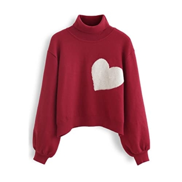 Chicwish Women's Cozy Heart Pattern High Neck Sweater
