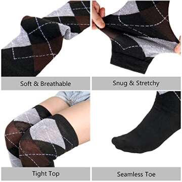 Benefeet Sox Womens Thigh High Socks Girls Novelty Halloween Gifts Cotton Over the Knee High Socks Colorful Vintage Argyle Long Stockings, Brown Grey Black