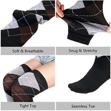 Benefeet Sox Womens Thigh High Socks Girls Novelty Halloween Gifts Cotton Over the Knee High Socks Colorful Vintage Argyle Long Stockings, Brown Grey Black