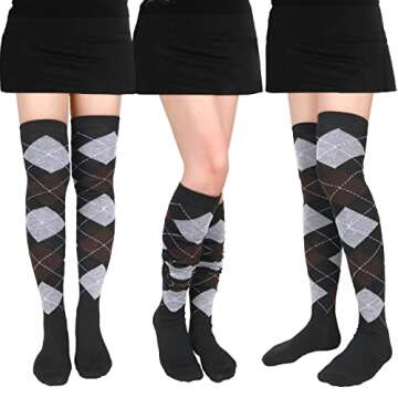 Benefeet Sox Womens Thigh High Socks Girls Novelty Halloween Gifts Cotton Over the Knee High Socks Colorful Vintage Argyle Long Stockings, Brown Grey Black