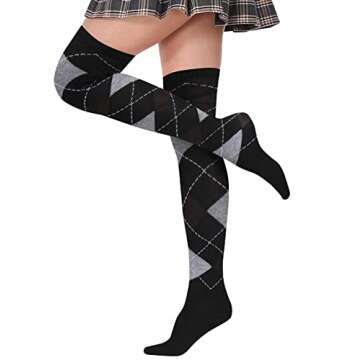 Benefeet Sox Womens Thigh High Socks Girls Novelty Halloween Gifts Cotton Over the Knee High Socks Colorful Vintage Argyle Long Stockings, Brown Grey Black