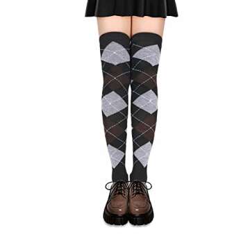 Benefeet Sox Womens Thigh High Socks Girls Novelty Halloween Gifts Cotton Over the Knee High Socks Colorful Vintage Argyle Long Stockings, Brown Grey Black