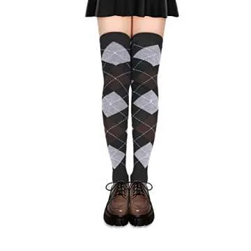 Benefeet Sox Womens Thigh High Socks Girls Novelty Halloween Gifts Cotton Over the Knee High Socks Colorful Vintage Argyle Long Stockings, Brown Grey Black