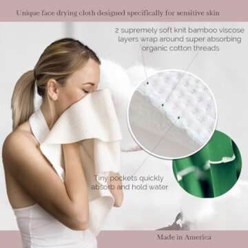 Organic Cotton Bamboo Viscose Face Towel Luxury Care for Sensitive Skin & Natural Hair Drying Made in USA Ultra Soft Absorbent Eco Travel 15 X 35