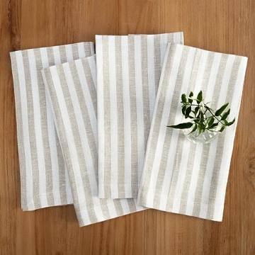 Solino Home Stripe Linen Napkins Set of 4 – 100% Pure Linen Natural and White Cloth Napkins 20 x 2...