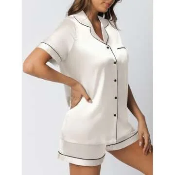 LILLUSORY Silk Satin Pajama Set for Women 2 Piece Lounge Pjs Shorts Matching Summer Sleepwear Button Down Shirt Shorts Champagne M