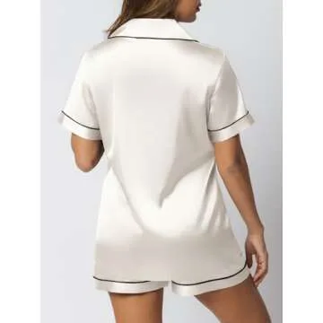 LILLUSORY Silk Satin Pajama Set for Women 2 Piece Lounge Pjs Shorts Matching Summer Sleepwear Button Down Shirt Shorts Champagne M