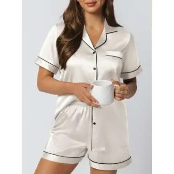 LILLUSORY Silk Satin Pajama Set for Women 2 Piece Lounge Pjs Shorts Matching Summer Sleepwear Button Down Shirt Shorts Champagne M