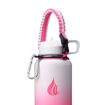 HYDRO CELL Paracord Handle for Wide Mouth Water Bottles - Carrier Strap w/Attachment Ring and Carabiner Accessory. Compatible w/ 64oz, 40oz 32oz, 24oz, 18oz, 14oz Insulated Bottles (White/Pink)