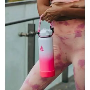 HYDRO CELL Paracord Handle for Wide Mouth Water Bottles - Carrier Strap w/Attachment Ring and Carabiner Accessory. Compatible w/ 64oz, 40oz 32oz, 24oz, 18oz, 14oz Insulated Bottles (White/Pink)