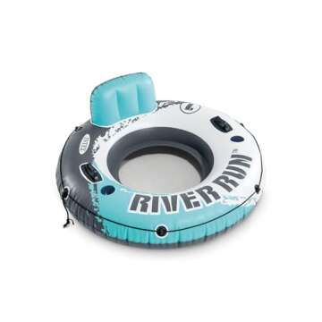 INTEX 56825EP River Run 1 Inflatable Floating Lounge: Comfortable Backrest – Built-in Cup Holders – Durable Grab Handles – All Around Grab Rope – 220lb Weight Capacity – Color May Vary